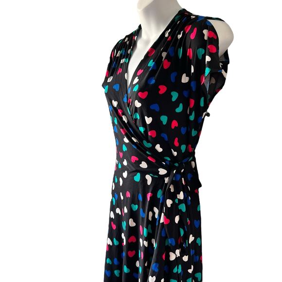 New* Wrap Dress Size Medium Black Pink Green Hearts Fit & Flare Colorful READ - Picture 8 of 16